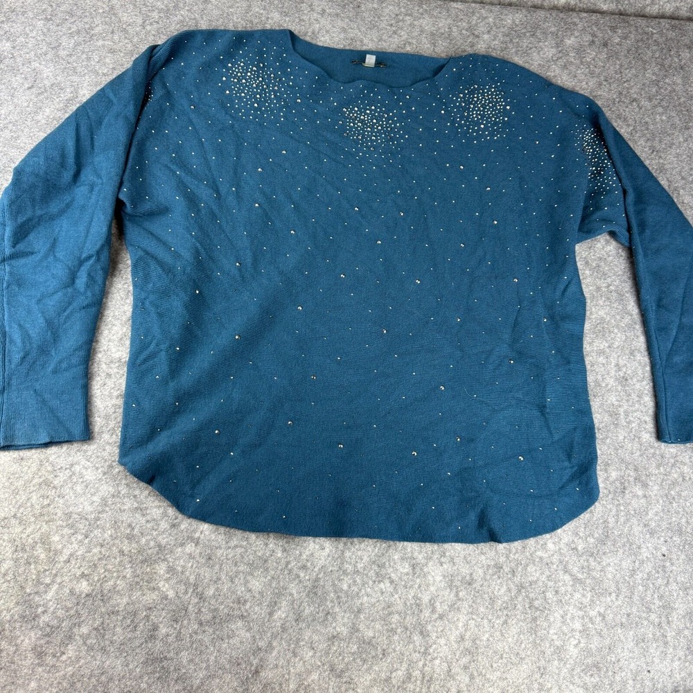 Milano‎ Sweater Teal Blue Studded Starburst Bling Knit Pullover Embellished Sz L